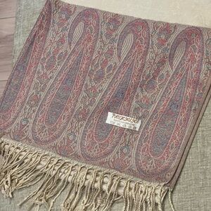 Paisley Cashmere Pashmina Wrap with Fringe - Pink, Beige & Blue Accents